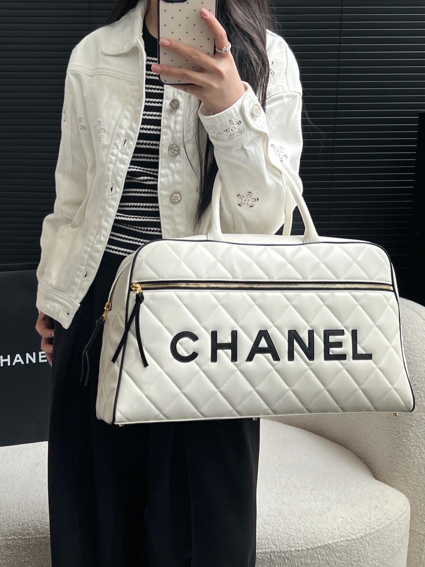 Ch 빈티지 볼링 보스턴 여행 가방 화이트/블랙
