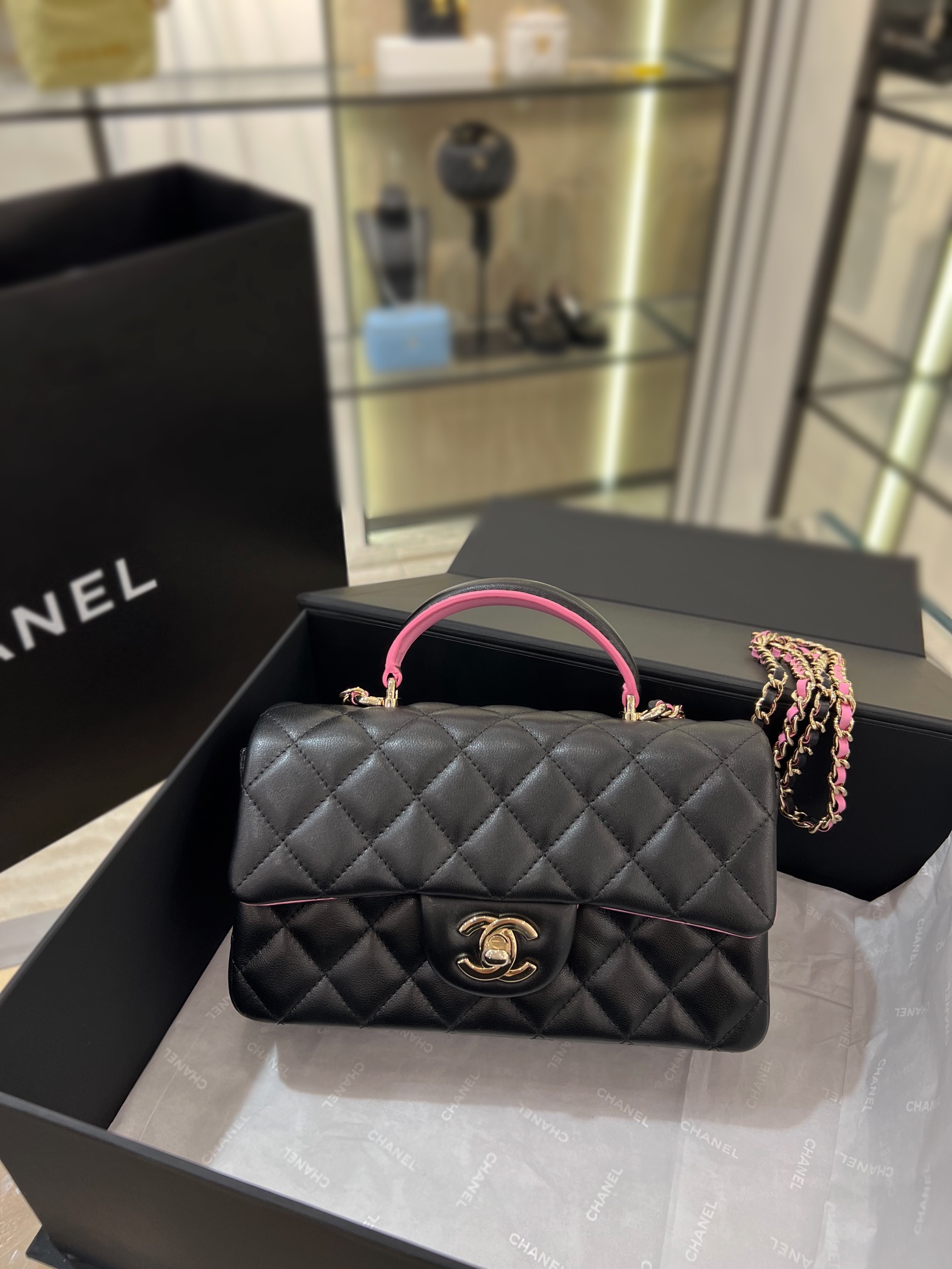 Ch 미니핸들백 블랙+핑크 20cm